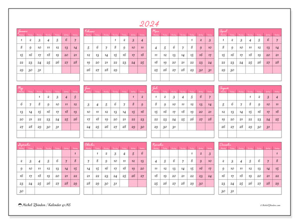 Årlig kalender 2024, 41MS. Gratis kalender som kan skrivas ut.