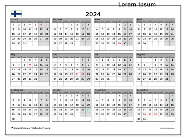 Kalender årlig 2024 “Finland”. Gratis karta som kan skrivas ut.. Måndag till söndag