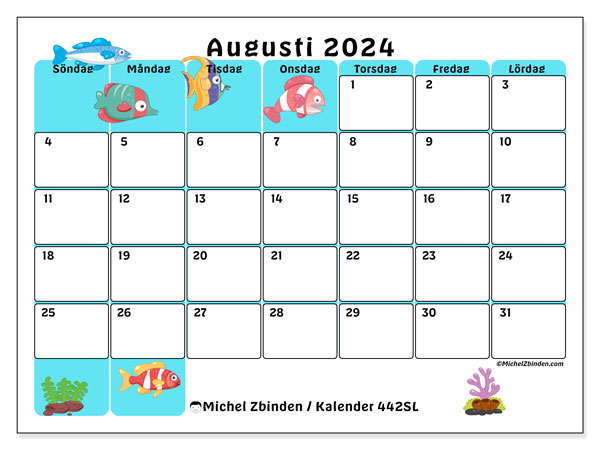 Kalender augusti 2024, 442SL. Gratis utskrivbart program.