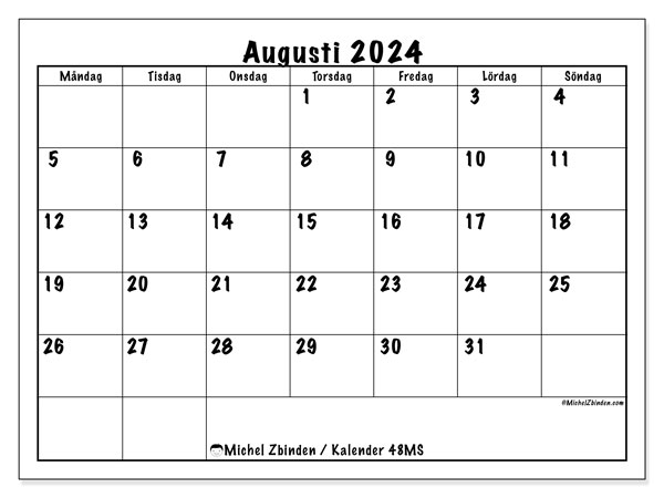 Kalender augusti 2024, 48MS. Gratis utskrivbart program.