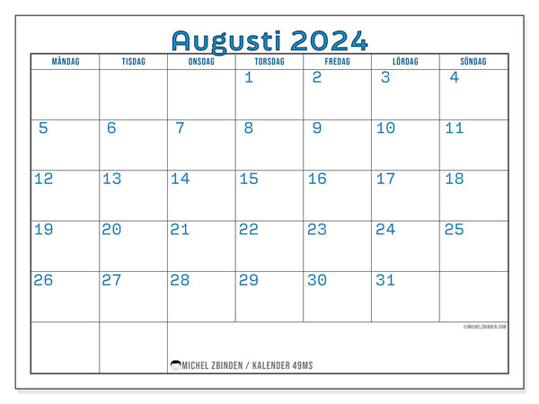 Kalender augusti 2024, 49MS. Gratis utskrivbart program.