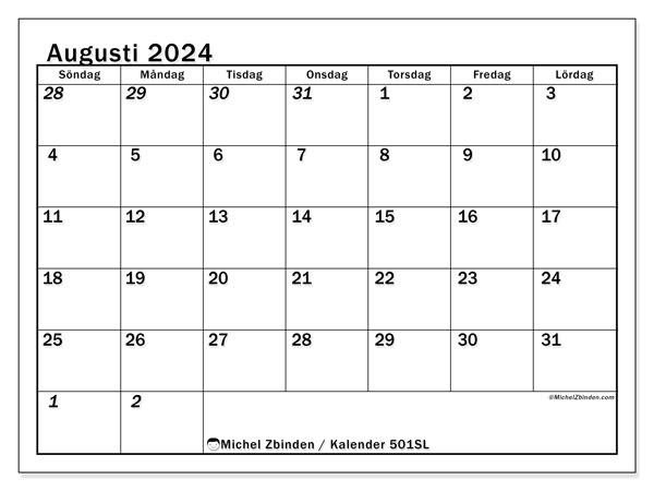 Kalender augusti 2024, 501SL. Gratis utskrivbart program.