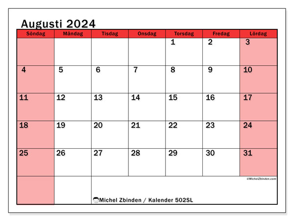 Kalender augusti 2024, 502SL. Gratis utskrivbart program.