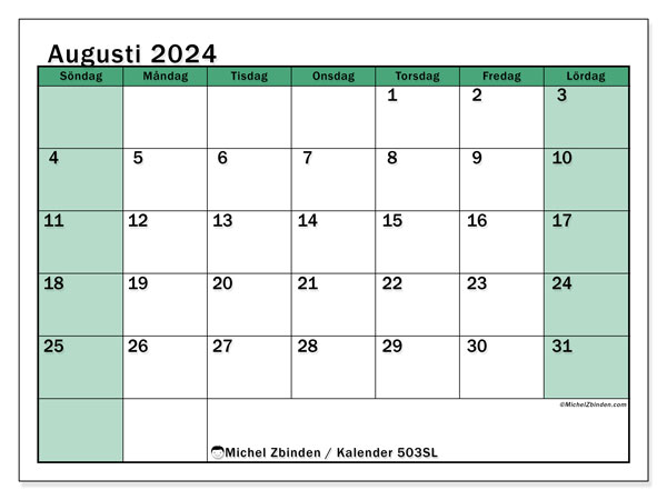 Kalender augusti 2024, 503SL. Gratis utskrivbart program.