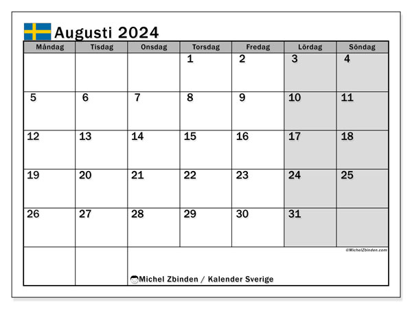 Calendario agosto 2024, Svezia (SV). Piano da stampare gratuito.