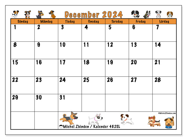 Kalender december 2024, 482SL. Gratis kalender som kan skrivas ut.