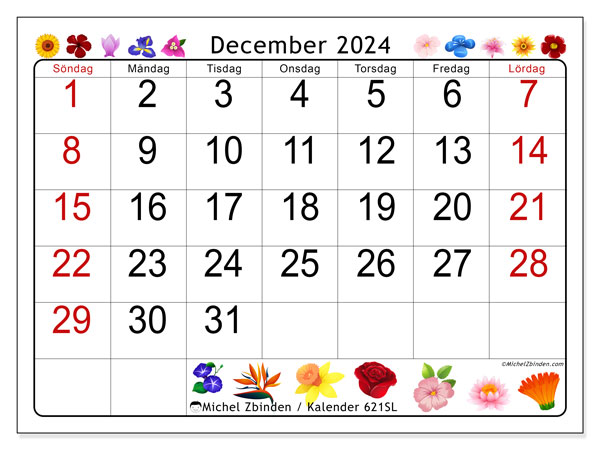 Kalender december 2024, 621SL. Gratis kalender som kan skrivas ut.