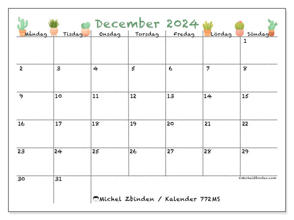 Kalender december 2024, 772MS. Gratis kalender som kan skrivas ut.