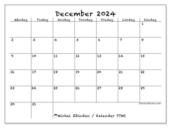 Kalender december 2024, 77MS. Gratis kalender som kan skrivas ut.