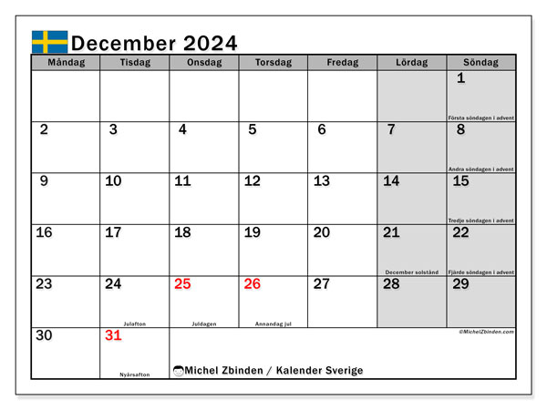 Kalendarz grudzień 2024, Szwecja (SV). Darmowy program do druku.