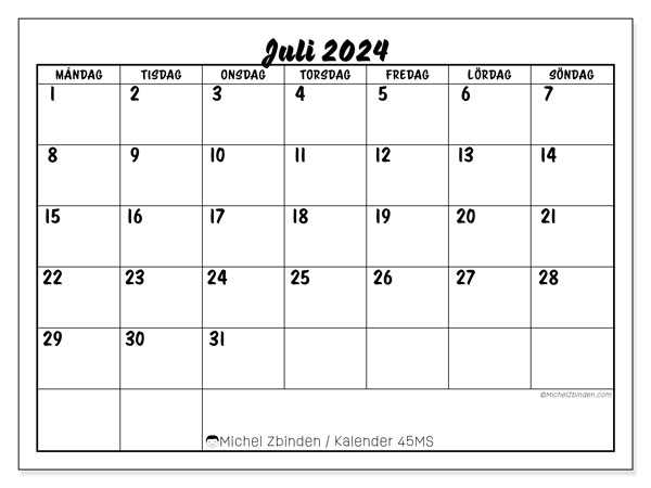 Kalender juli 2024, 45SL. Gratis utskrivbart program.