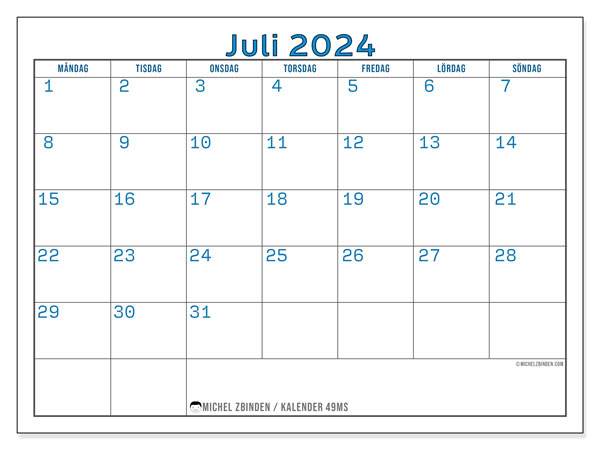 Kalender juli 2024, 49MS. Gratis utskrivbart program.