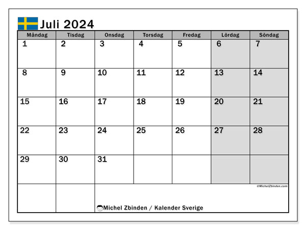 Kalenteri heinäkuu 2024, Ruotsi (SV). Ilmainen tulostettava aikataulu.