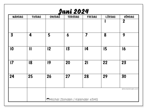 Kalender juni 2024, 45SL. Gratis kalender som kan skrivas ut.