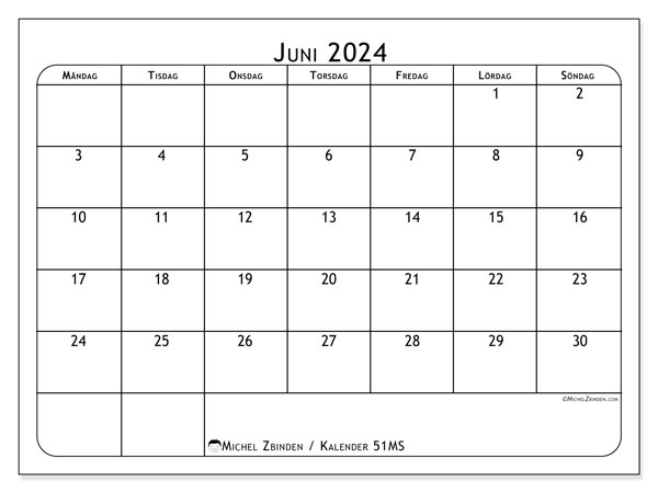 Kalender juni 2024, 51SL. Gratis kalender som kan skrivas ut.