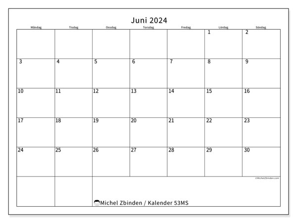 Kalender juni 2024, 53MS. Gratis kalender som kan skrivas ut.