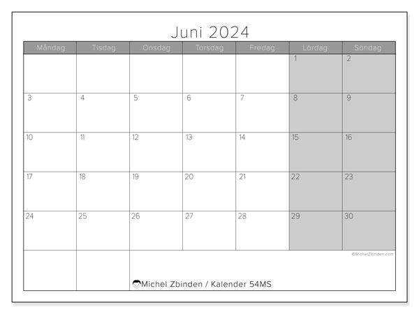 Kalender juni 2024, 54MS. Gratis kalender som kan skrivas ut.