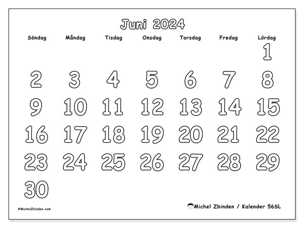 Kalender juni 2024, 56SL. Gratis kalender som kan skrivas ut.