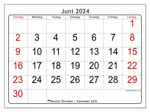 Kalender juni 2024, 62SL. Gratis kalender som kan skrivas ut.