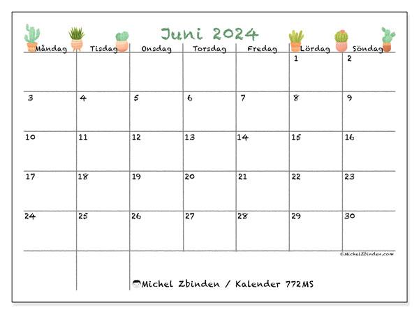 Kalender juni 2024, 772MS. Gratis kalender som kan skrivas ut.