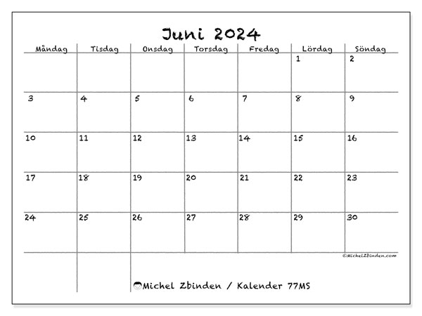 Kalender juni 2024, 77SL. Gratis kalender som kan skrivas ut.