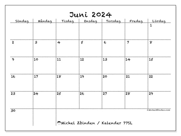 Kalender juni 2024, 77SL, klar att skriva ut och gratis.