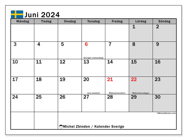 Kalender juni 2024, Sverige. Gratis utskrivbart program.