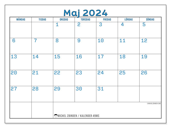 Kalender maj 2024, 49MS. Gratis karta som kan skrivas ut.