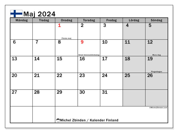 Kalendarz maj 2024, Finlandia (SV). Darmowy dziennik do druku.