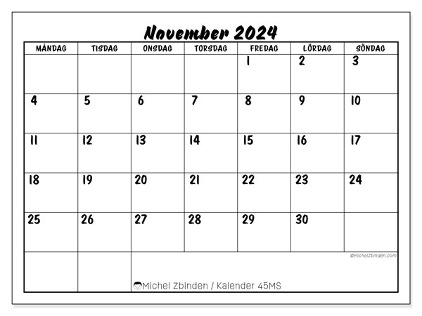 Kalender november 2024, 45SL. Gratis utskrivbart program.