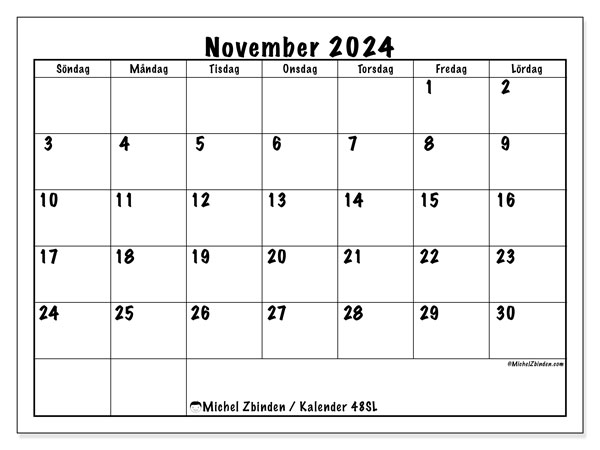 Kalender november 2024, 48SL. Gratis utskrivbart program.