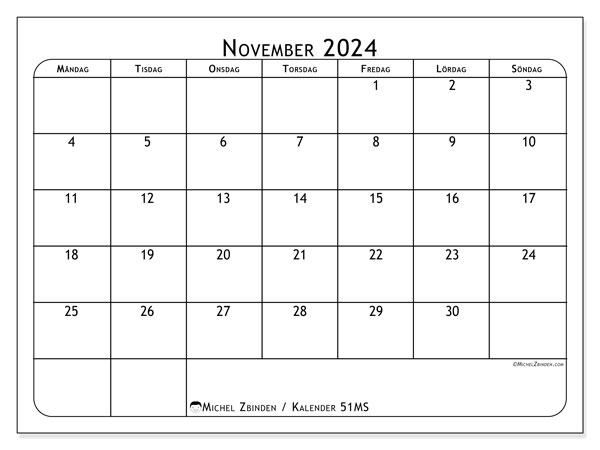 Kalender november 2024, 51SL. Gratis utskrivbart program.