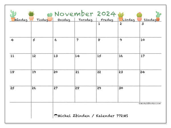 Kalender november 2024, 772MS. Gratis utskrivbart program.