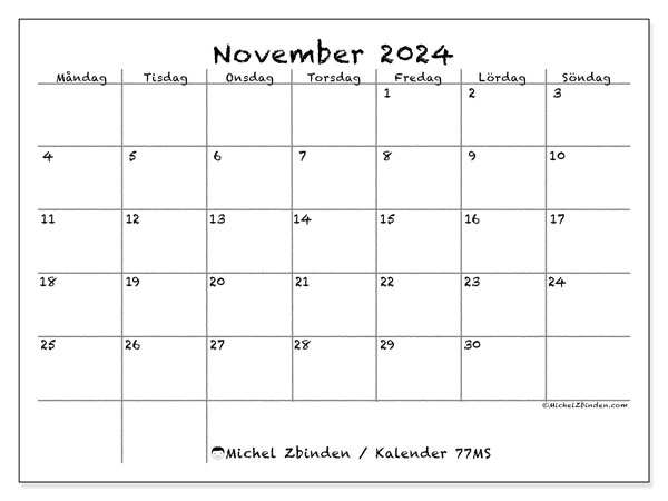 Kalender november 2024, 77MS. Gratis utskrivbart program.