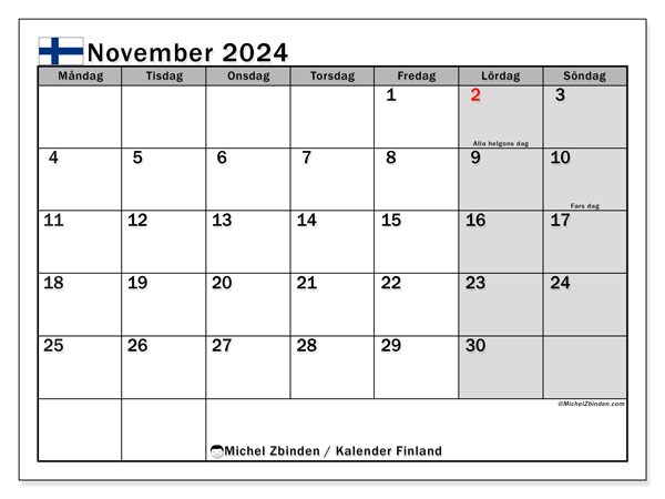 Calendario novembre 2024, Finlandia (SV). Calendario da stampare gratuito.