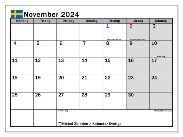 Kalendarz listopad 2024, Szwecja (SV). Darmowy kalendarz do druku.