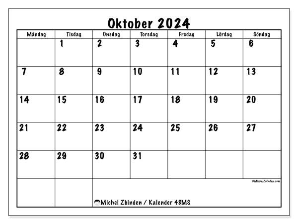 Kalender oktober 2024, 48SL. Gratis kalender som kan skrivas ut.