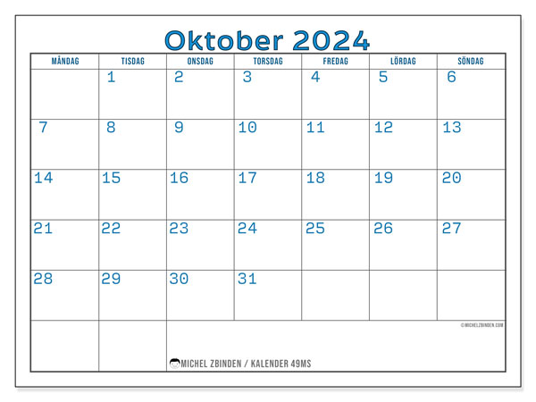 Kalender oktober 2024, 49SL. Gratis kalender som kan skrivas ut.