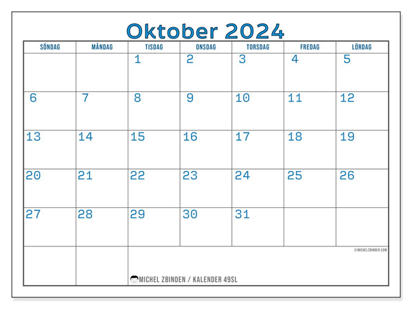 Kalender oktober 2024, 49SL. Gratis kalender som kan skrivas ut.