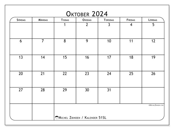 Kalender oktober 2024, 51SL. Gratis kalender som kan skrivas ut.