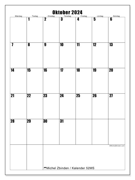 Kalender oktober 2024, 52MS. Gratis kalender som kan skrivas ut.