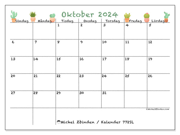 Kalender oktober 2024, 772SL. Gratis kalender som kan skrivas ut.