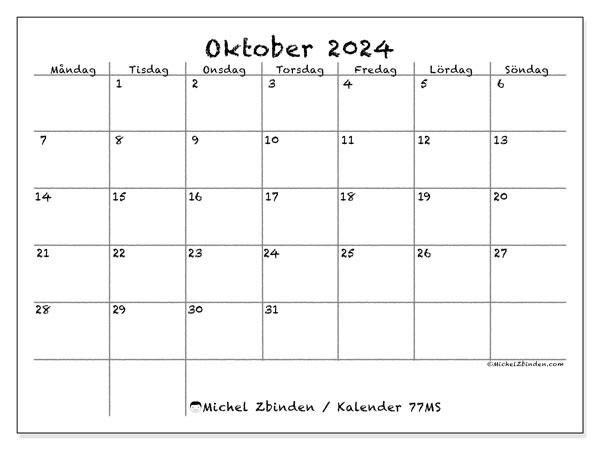 Kalender oktober 2024, 77SL. Gratis kalender som kan skrivas ut.