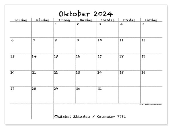 Kalender oktober 2024, 77SL. Gratis kalender som kan skrivas ut.