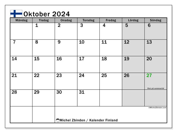 Kalender oktober 2024, Finland (SV). Gratis plan for utskrift.