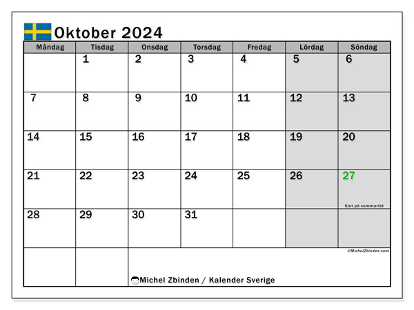 Kalender Oktober 2024, Schweden (SV). Programm zum Ausdrucken kostenlos.