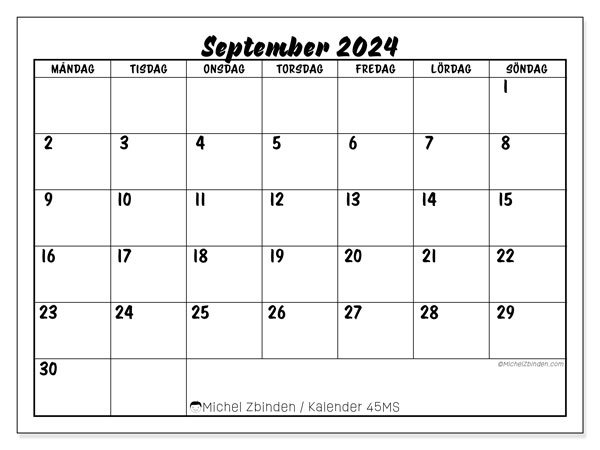 Kalender september 2024, 45MS. Gratis karta som kan skrivas ut.