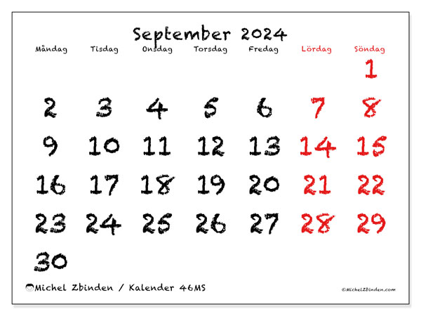 Kalender september 2024, 46SL. Gratis karta som kan skrivas ut.