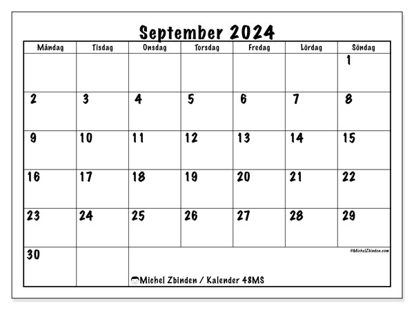 Kalender september 2024, 48SL. Gratis karta som kan skrivas ut.