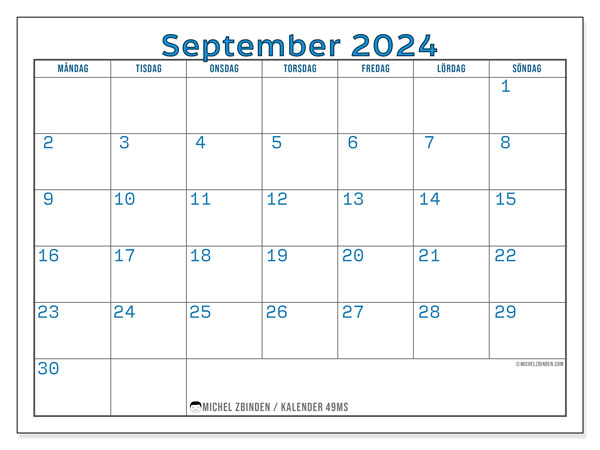 Kalender september 2024, 49MS. Gratis karta som kan skrivas ut.